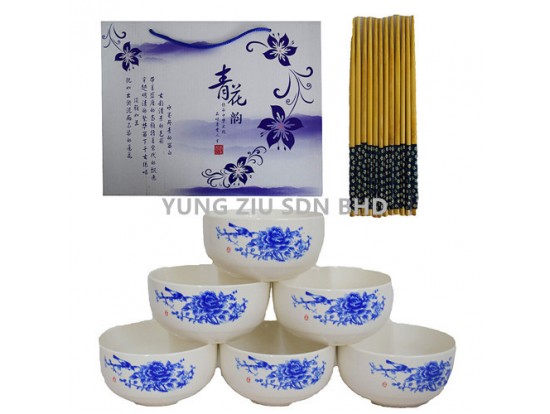 6PCS 4.25^ BOWL+6 PAIR CHOPSTICKS SET(BLUE AND WHITE PORCELAIN)